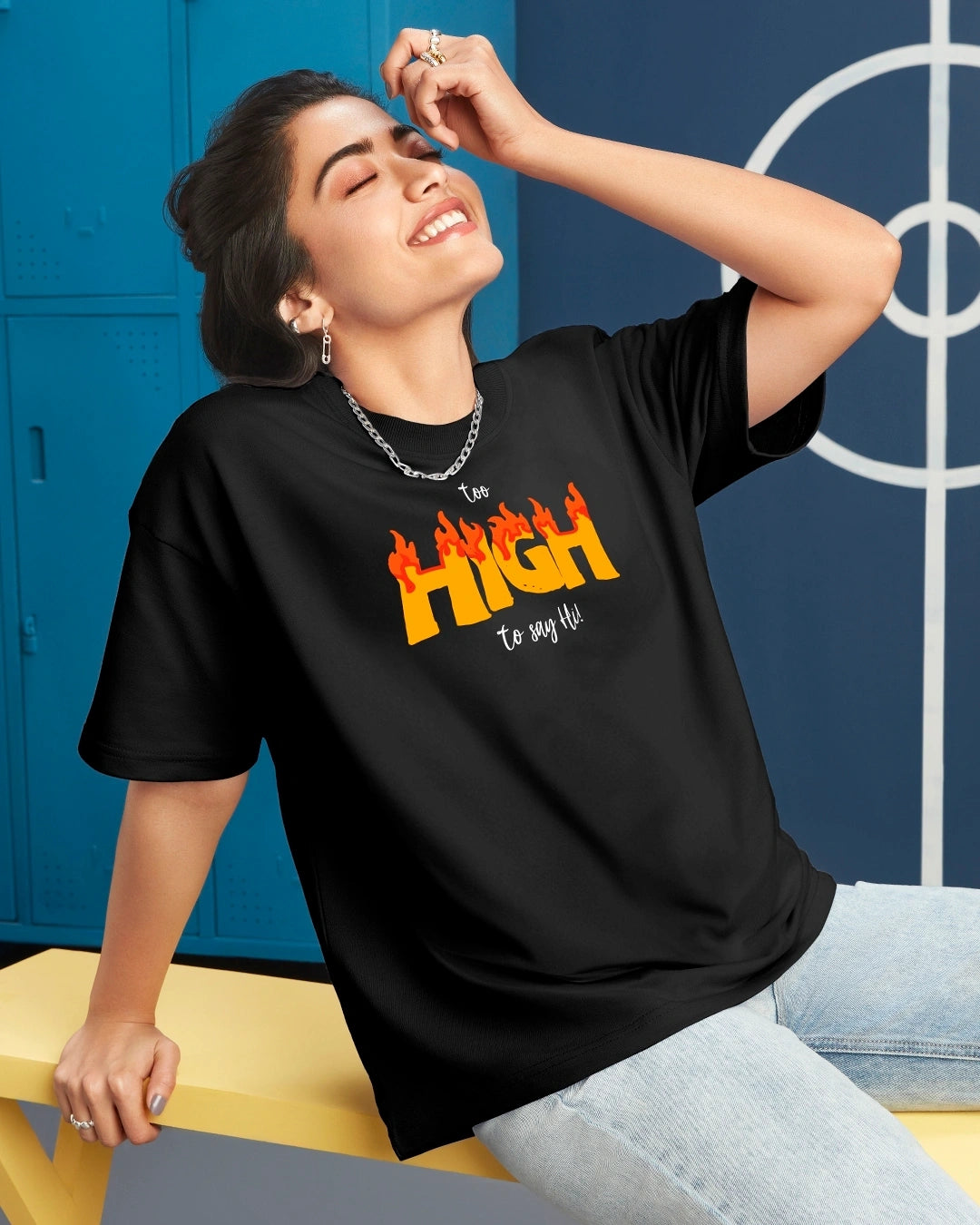 Women's Black Too High Typography Oversized T-shirt