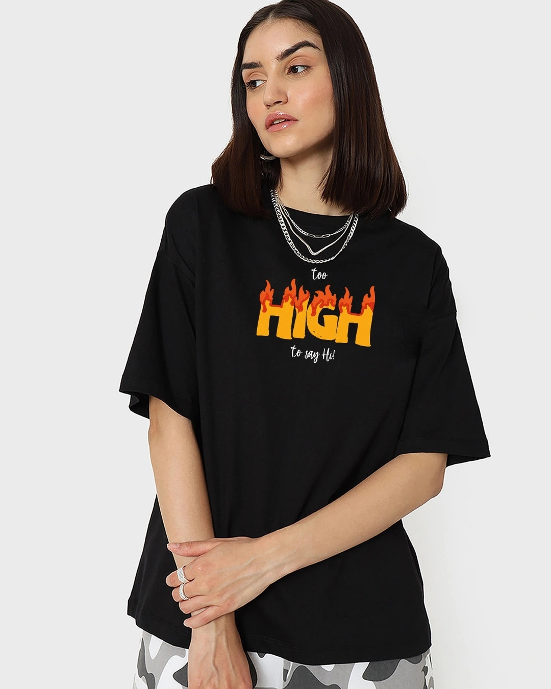 Women's Black Too High Typography Oversized T-shirt